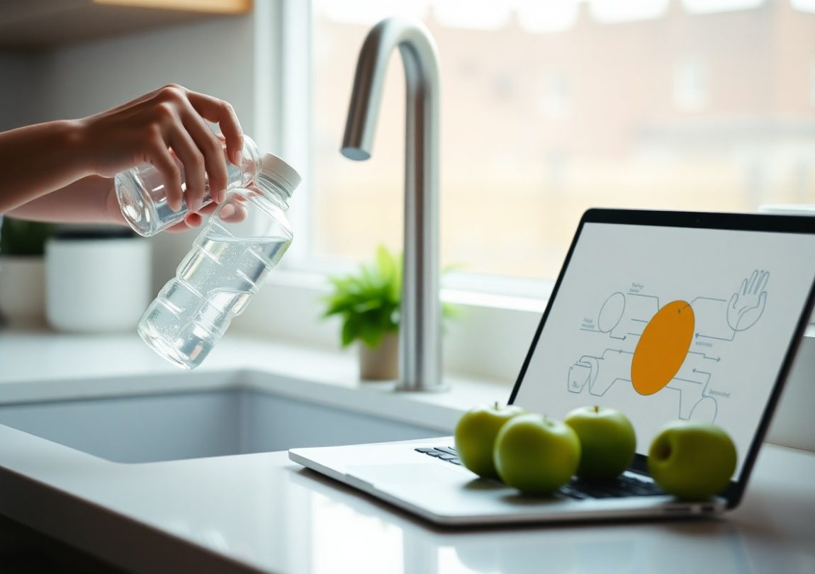 A glass of water placed on a bedside table next to a sleep tracker and eye mask, symbolizing the role of hydration in improving sleep quality.