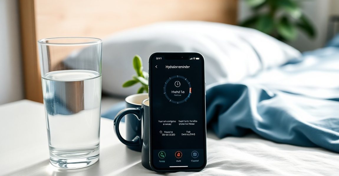Glass of water and phone with hydration reminder, highlighting water’s role in promoting better sleep