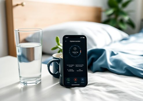 Glass of water and phone with hydration reminder, highlighting water’s role in promoting better sleep