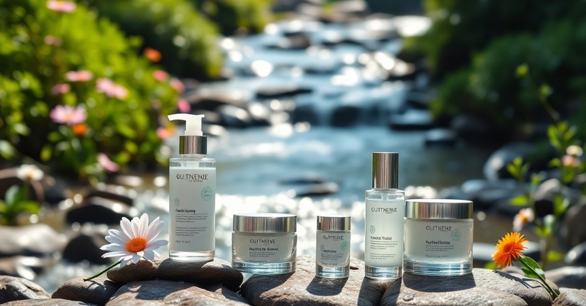 A collection of natural skincare products displayed on smooth river stones beside a flowing stream, surrounded by flowers, symbolizing how proper hydration nourishes the skin for a fresh, healthy, and glowing appearance