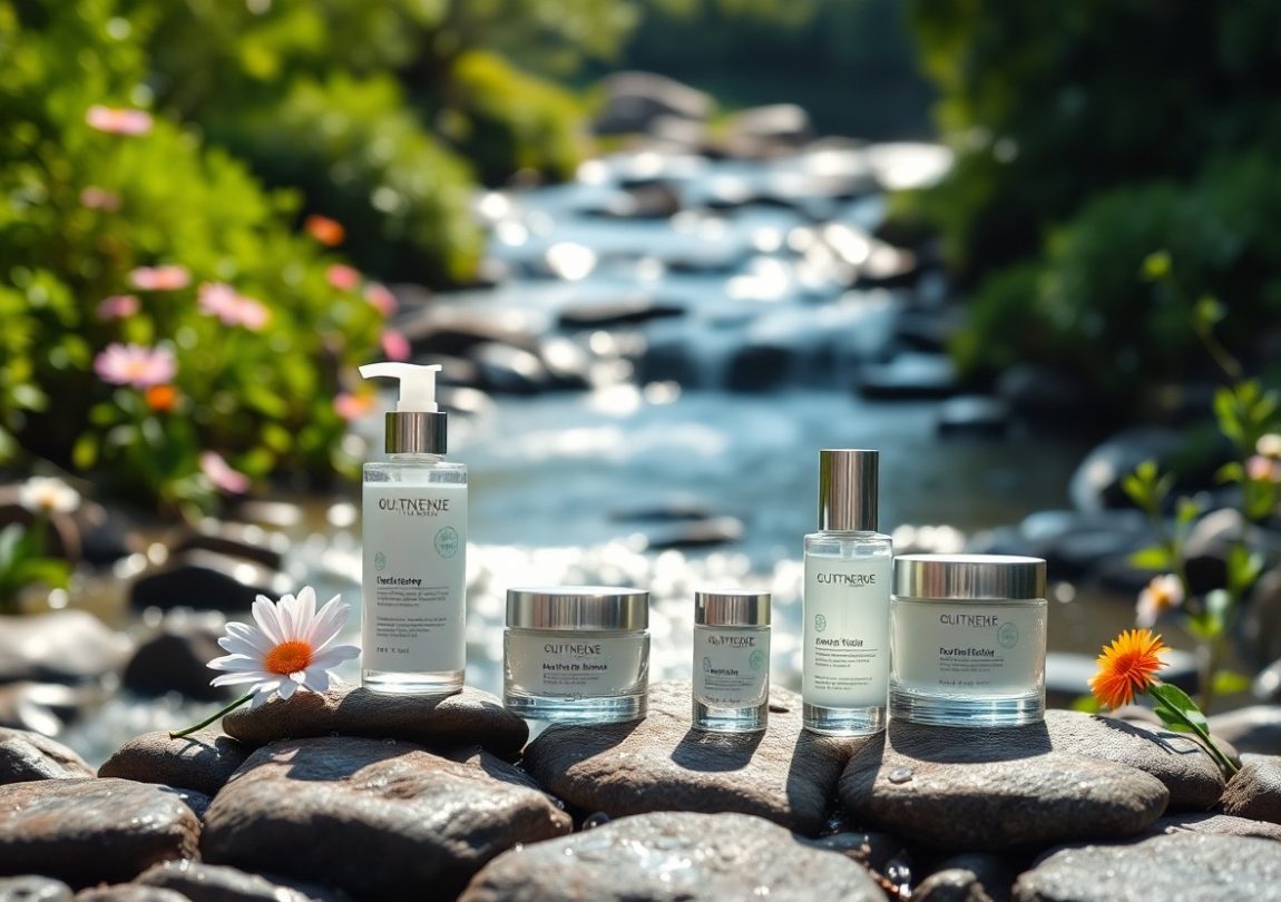 A collection of natural skincare products displayed on smooth river stones beside a flowing stream, surrounded by flowers, symbolizing how proper hydration nourishes the skin for a fresh, healthy, and glowing appearance