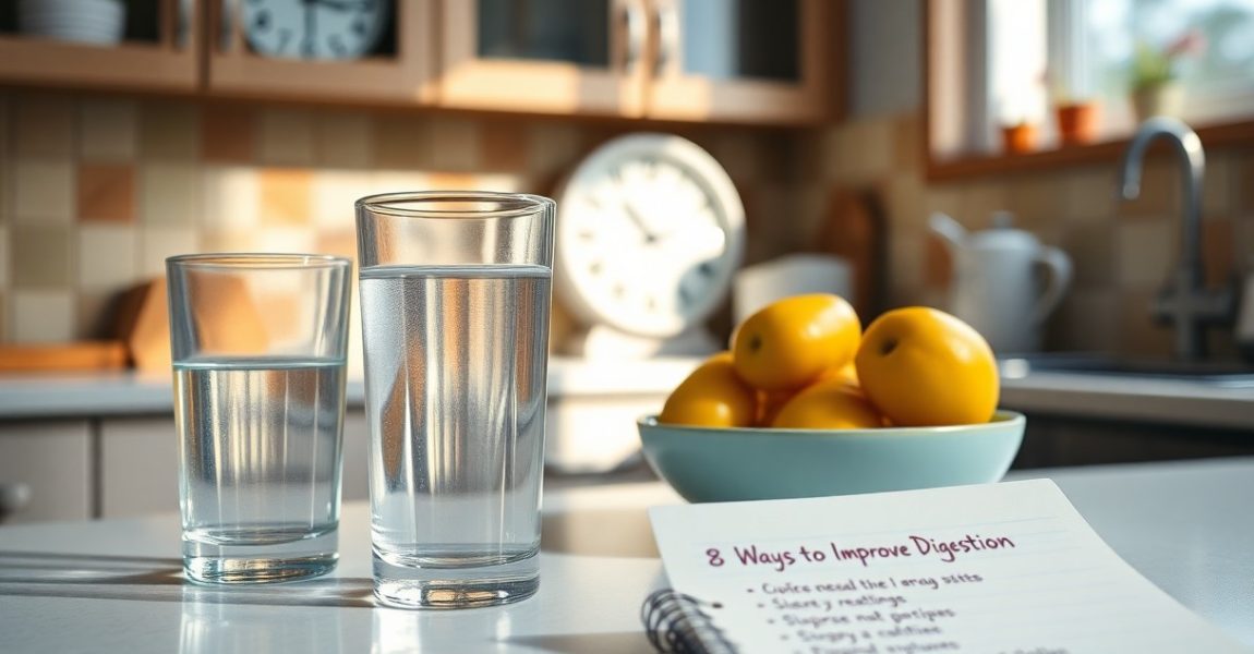 Two glasses of water beside a bowl of yellow apples and a notepad titled '8 Ways to Improve Digestion,' symbolizing how proper timing of water intake supports digestive health