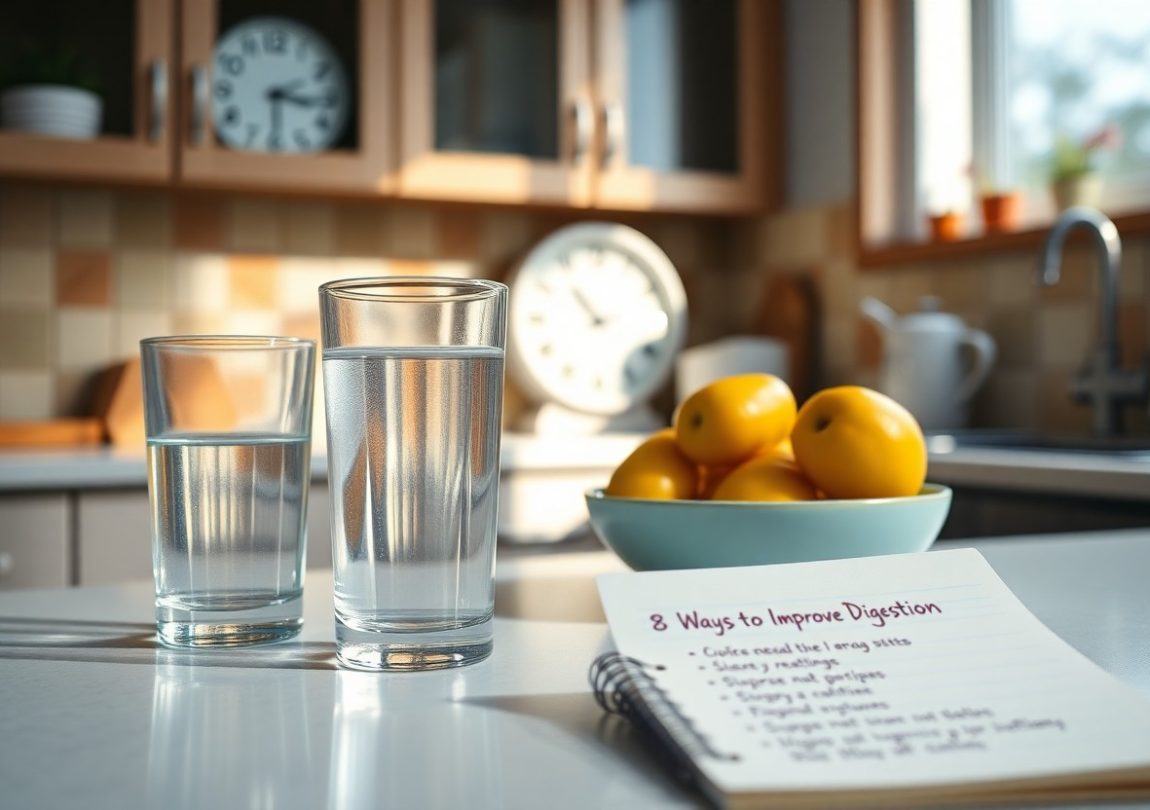 Two glasses of water beside a bowl of yellow apples and a notepad titled '8 Ways to Improve Digestion,' symbolizing how proper timing of water intake supports digestive health
