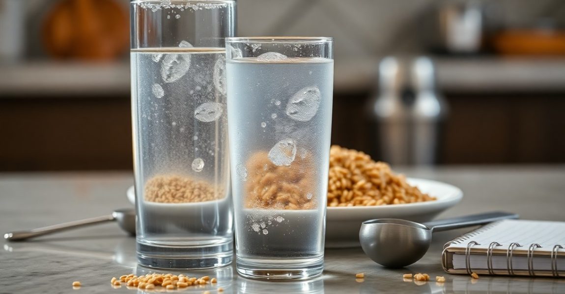 Two glasses of water with grains settling at the bottom, symbolizing the natural role of hydration in supporting balanced blood sugar levels.