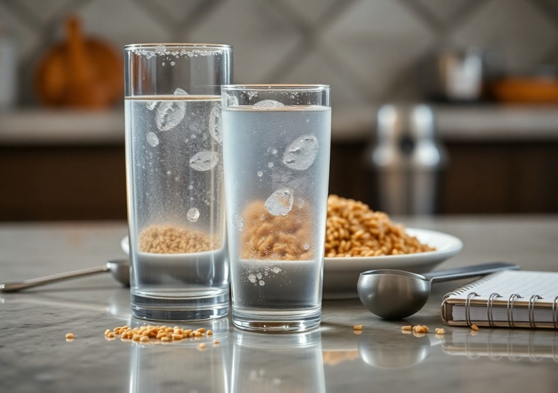 Two glasses of water with grains settling at the bottom, symbolizing the natural role of hydration in supporting balanced blood sugar levels.