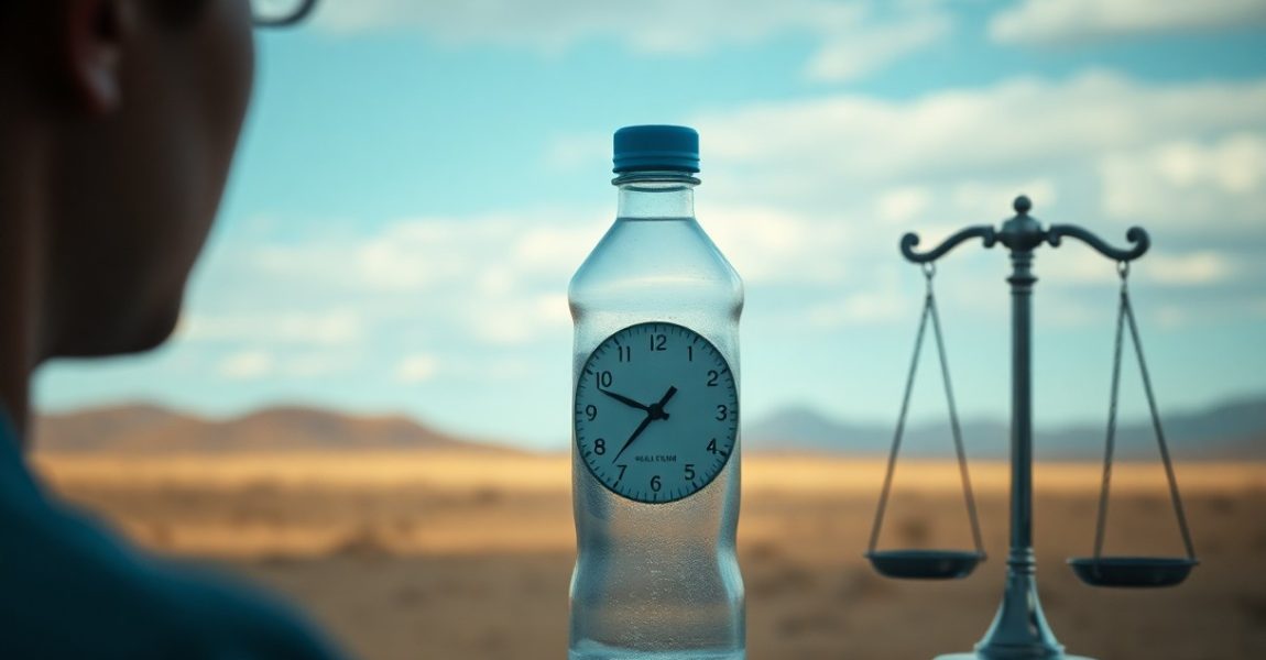 Water bottle with a clock symbolizing how dehydration slows metabolism over time