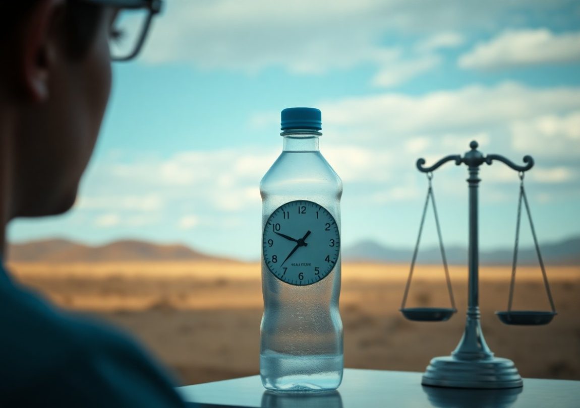 Water bottle with a clock symbolizing how dehydration slows metabolism over time