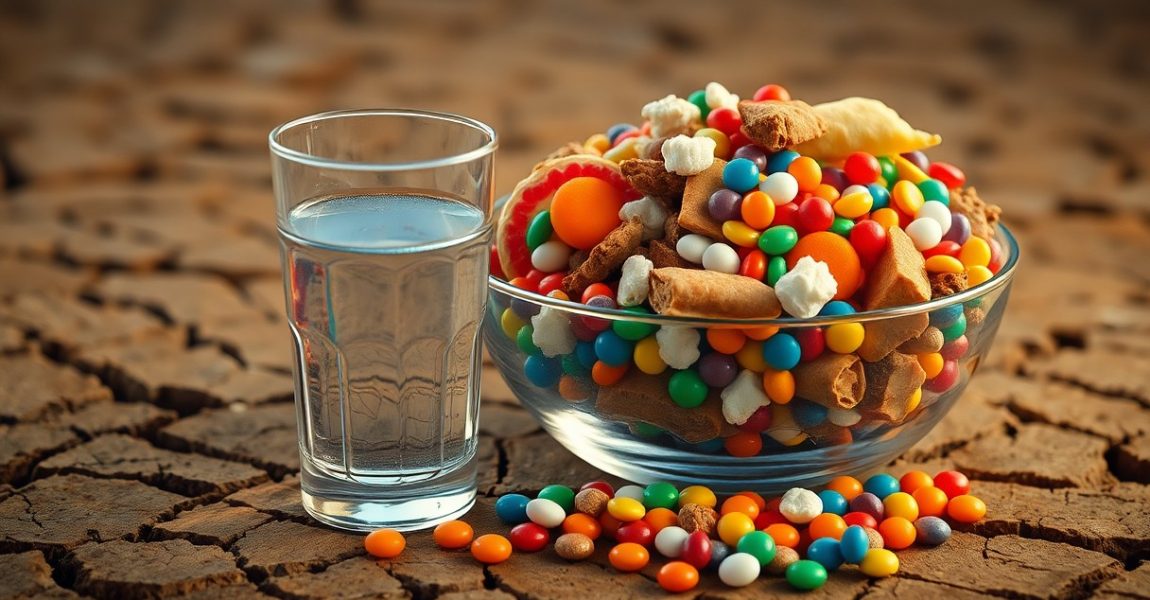 A glass of water beside a bowl filled with colorful candies and junk snacks placed on dry, cracked ground, symbolizing the connection between dehydration and increased cravings for sugar and junk food