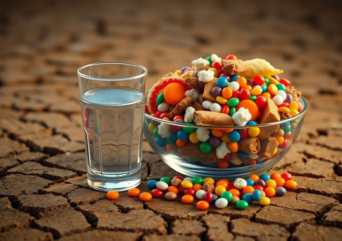 A glass of water beside a bowl filled with colorful candies and junk snacks placed on dry, cracked ground, symbolizing the connection between dehydration and increased cravings for sugar and junk food