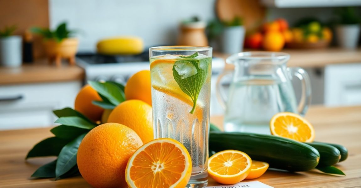 A refreshing glass of water infused with orange slices, cucumber, and mint leaves on a kitchen table, surrounded by fresh fruits and a jug of water, symbolizing hydration as a natural way to boost energy levels.