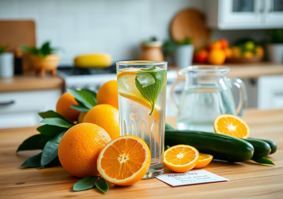A refreshing glass of water infused with orange slices, cucumber, and mint leaves on a kitchen table, surrounded by fresh fruits and a jug of water, symbolizing hydration as a natural way to boost energy levels.