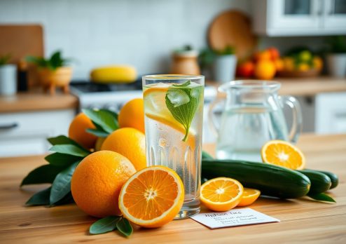 A refreshing glass of water infused with orange slices, cucumber, and mint leaves on a kitchen table, surrounded by fresh fruits and a jug of water, symbolizing hydration as a natural way to boost energy levels.