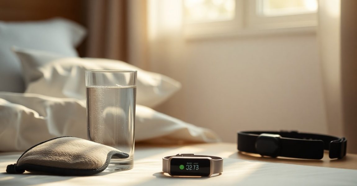 A glass of water placed on a bedside table next to a sleep tracker and eye mask, symbolizing the role of hydration in improving sleep quality.