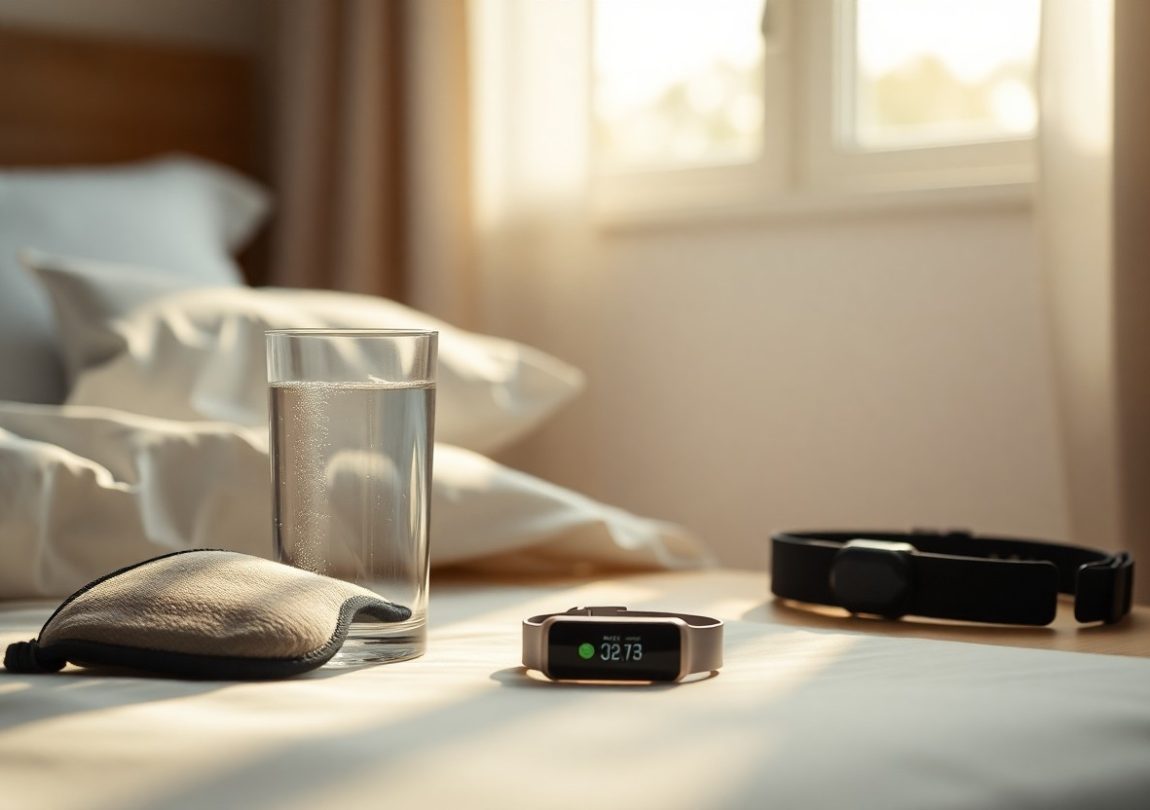 A glass of water placed on a bedside table next to a sleep tracker and eye mask, symbolizing the role of hydration in improving sleep quality.