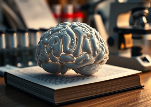 A model of a human brain with water droplets placed on an open book, symbolizing how hydration supports brain function, memory, and mental clarity.