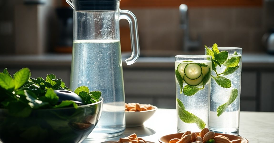 A glass pitcher and two glasses of refreshing water infused with cucumber and mint, placed alongside fresh greens and nuts, symbolizing how hydration and a balanced diet support heart health