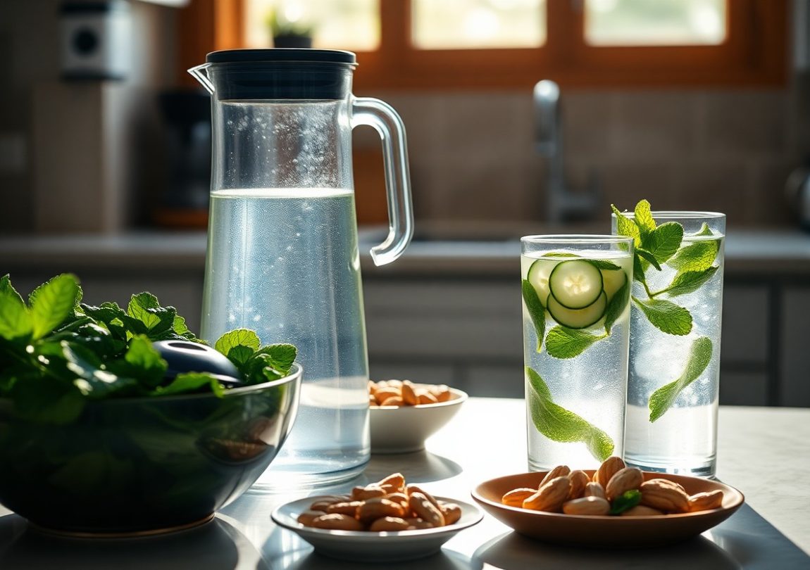 A glass pitcher and two glasses of refreshing water infused with cucumber and mint, placed alongside fresh greens and nuts, symbolizing how hydration and a balanced diet support heart health