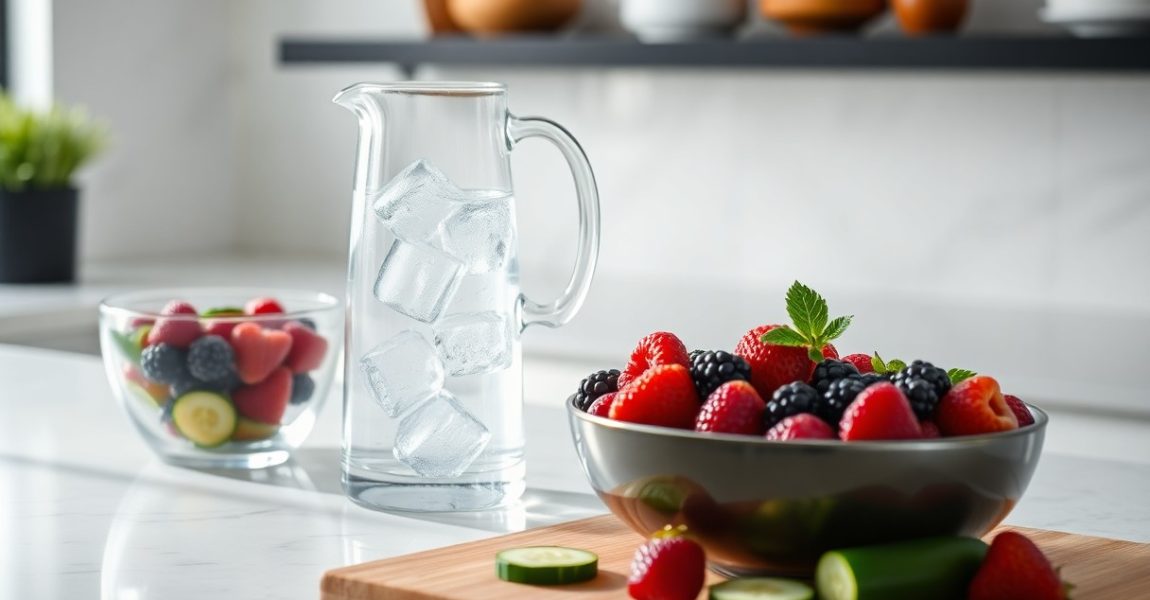 Fresh fruits and cucumber slices beside a pitcher of ice water, representing healthy hydration choices that can reduce sugar cravings