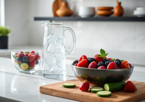Fresh fruits and cucumber slices beside a pitcher of ice water, representing healthy hydration choices that can reduce sugar cravings