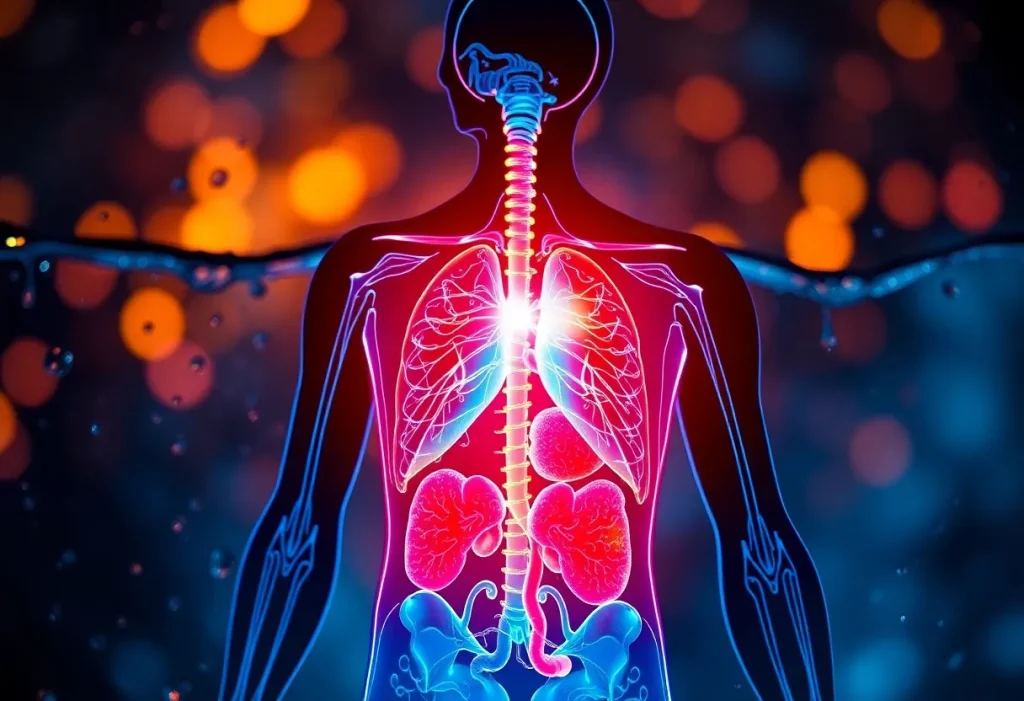 Artistic medical illustration of the human body showing vital organs like lungs, kidneys, and spine, symbolizing the connection between hydration and immune system health, with water droplets and glowing lights in the background