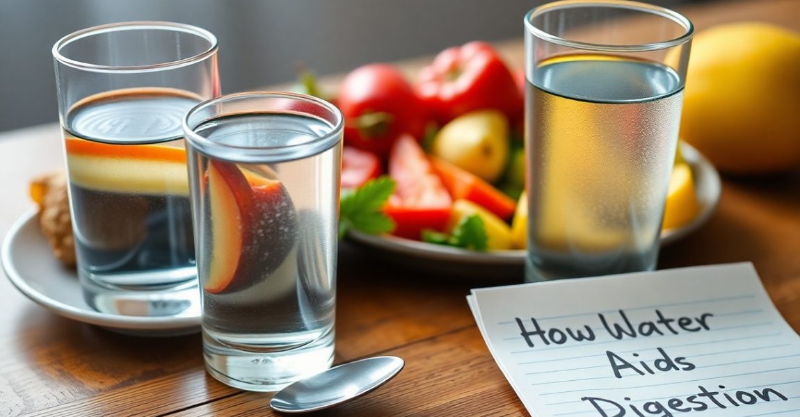Glasses of water with fresh fruit slices placed beside a plate of vegetables, symbolizing how staying hydrated supports better digestion and nutrient absorption