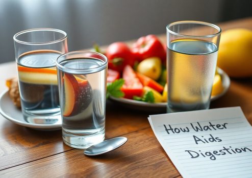 Glasses of water with fresh fruit slices placed beside a plate of vegetables, symbolizing how staying hydrated supports better digestion and nutrient absorption