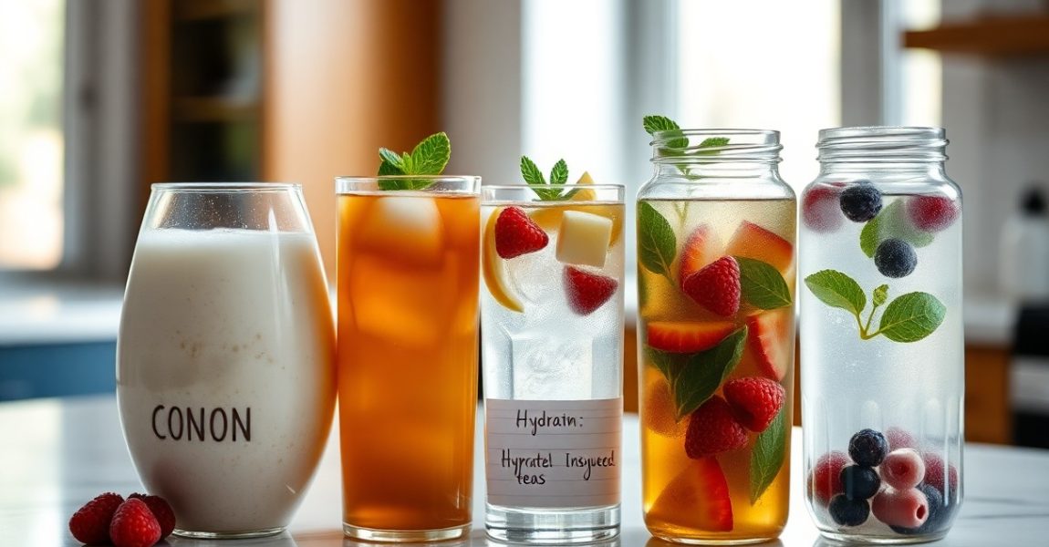 A row of refreshing drinks including fruit-infused water and herbal teas, showcasing natural hydration options that can help relieve headaches without medication
