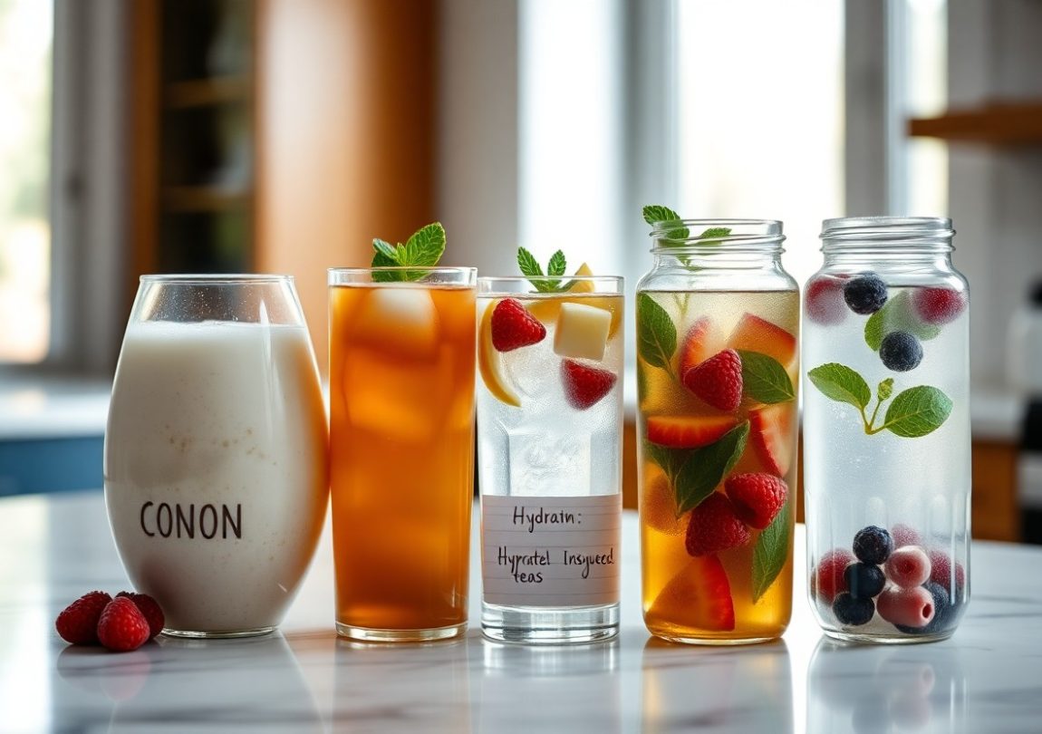 A row of refreshing drinks including fruit-infused water and herbal teas, showcasing natural hydration options that can help relieve headaches without medication