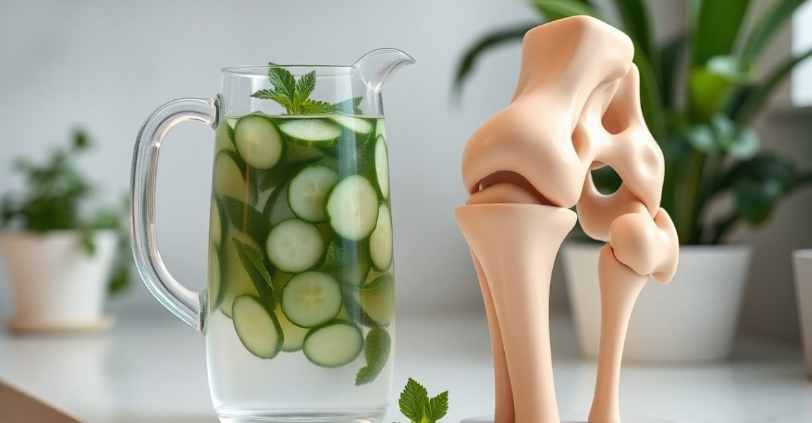 A pitcher of cucumber-infused water beside a model of a human knee joint, symbolizing how proper hydration supports joint health and reduces stiffness