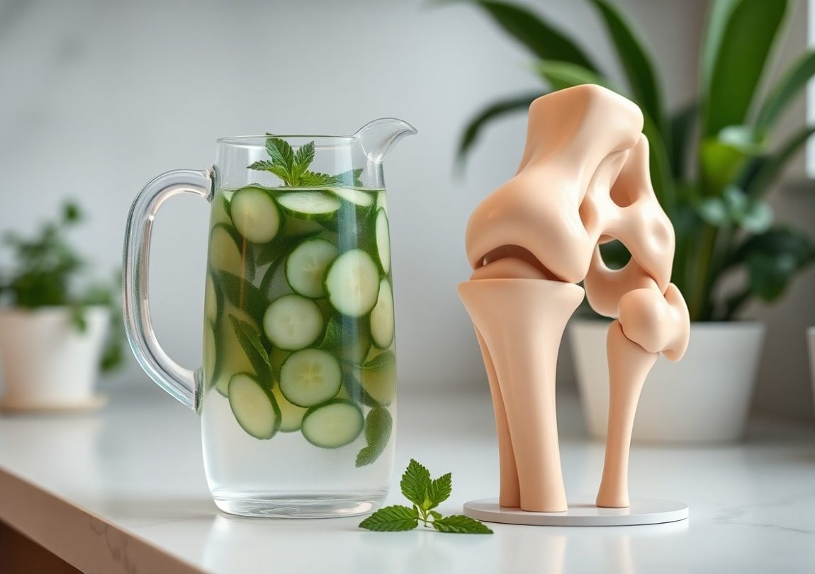 A pitcher of cucumber-infused water beside a model of a human knee joint, symbolizing how proper hydration supports joint health and reduces stiffness