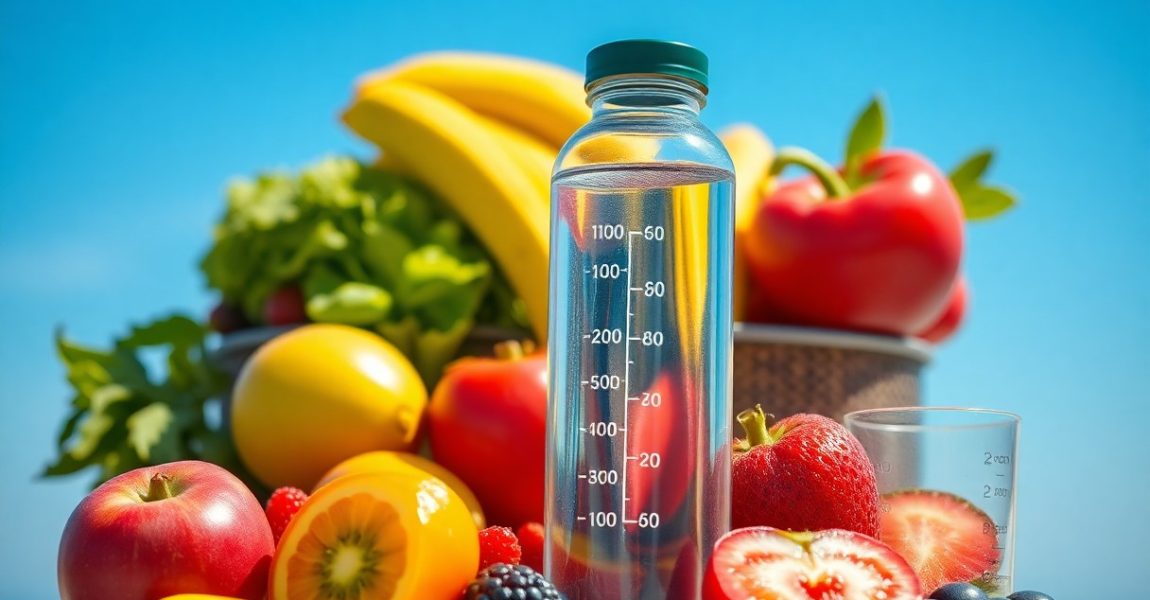 A clear water bottle surrounded by fresh fruits and vegetables, highlighting hydration’s role in boosting energy levels