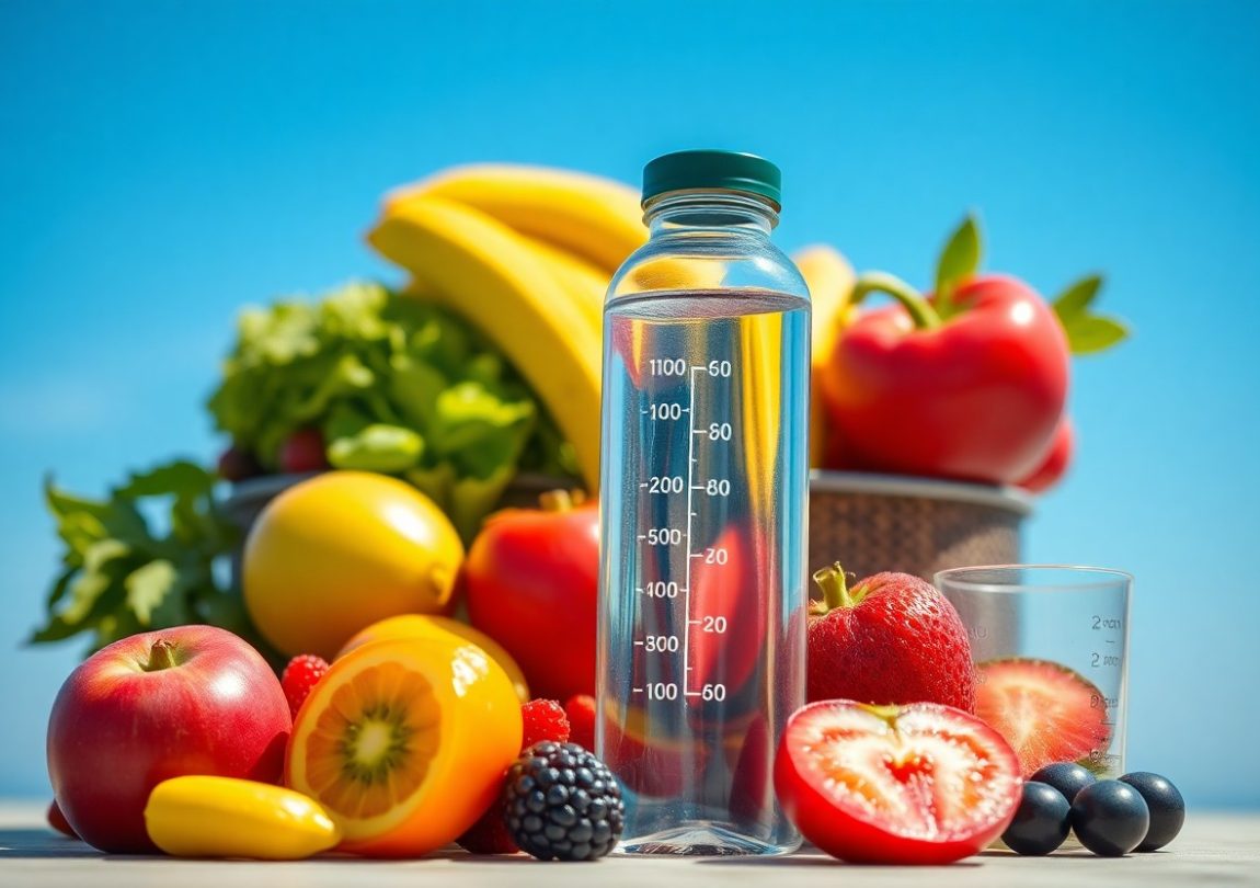 A clear water bottle surrounded by fresh fruits and vegetables, highlighting hydration’s role in boosting energy levels