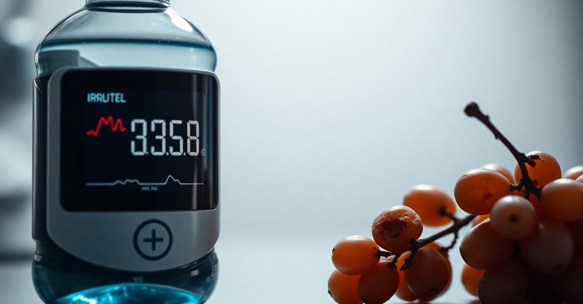 A water bottle with a digital heart rate display beside a bunch of grapes, symbolizing the link between hydration and maintaining a healthy heart