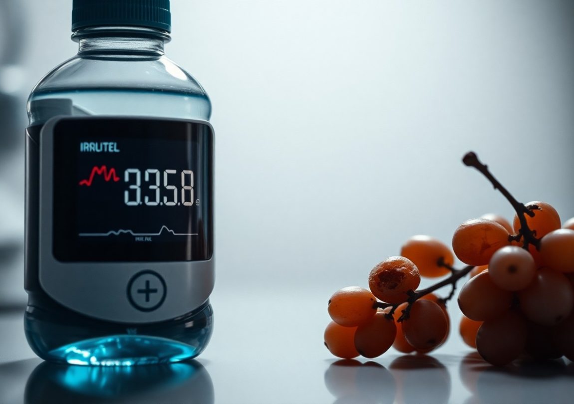 A water bottle with a digital heart rate display beside a bunch of grapes, symbolizing the link between hydration and maintaining a healthy heart
