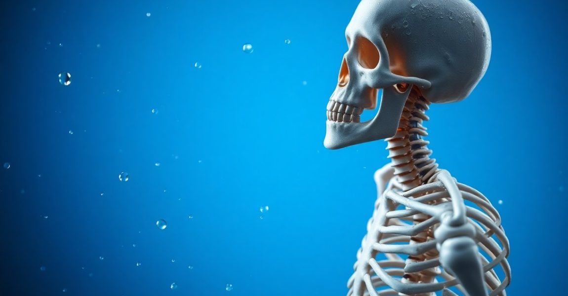 A human skeleton model surrounded by floating water droplets against a blue background, symbolizing the essential role of hydration in supporting bone strength and overall skeletal health.