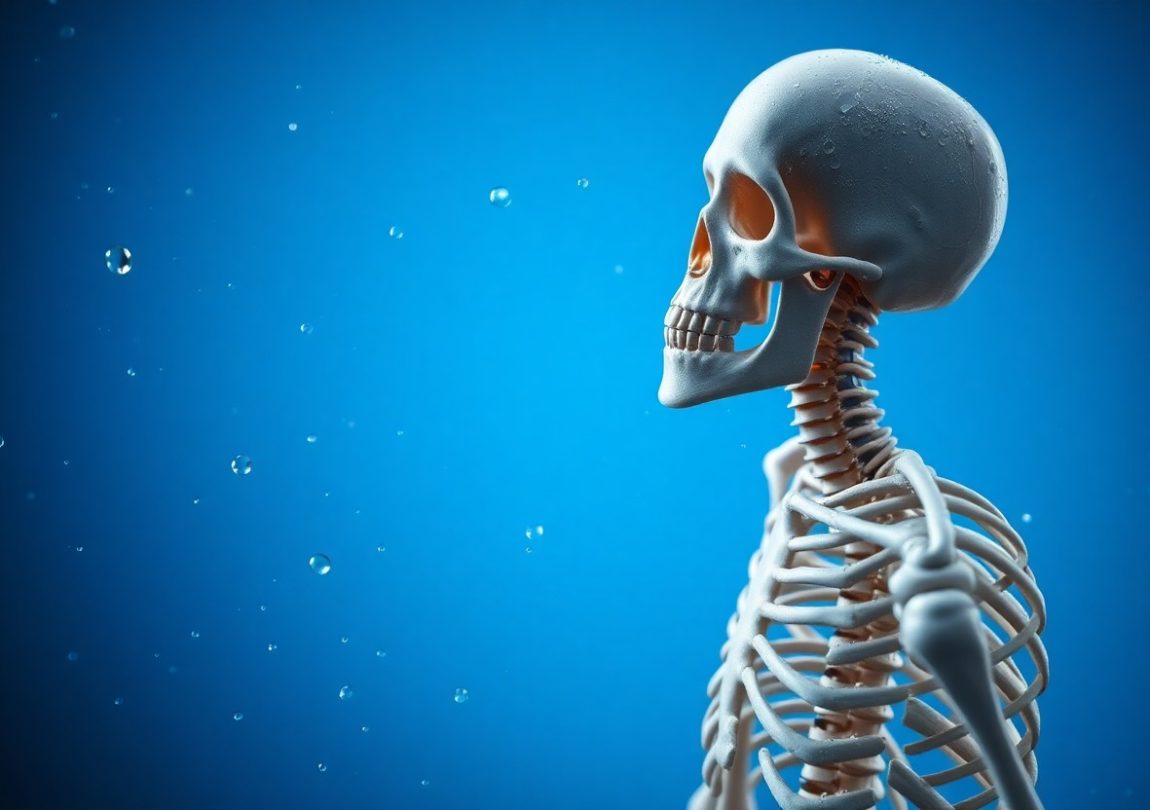 A human skeleton model surrounded by floating water droplets against a blue background, symbolizing the essential role of hydration in supporting bone strength and overall skeletal health.