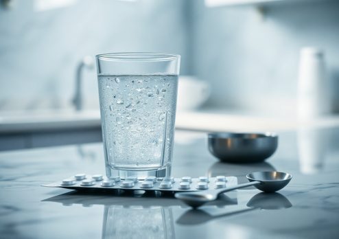 A clear glass of water placed beside a strip of white tablets and a metal spoon on a clean surface, symbolizing the importance of drinking enough water to safely swallow and absorb medication.