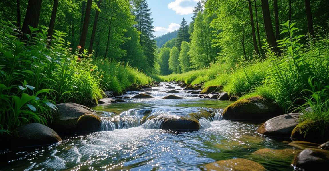 A clear forest stream flows gently over smooth rocks, surrounded by lush green trees and plants under a bright blue sky, symbolizing the purity and hidden health benefits of water often overlooked in daily life.