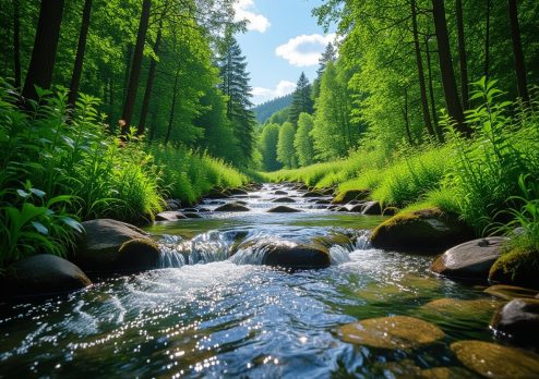 A clear forest stream flows gently over smooth rocks, surrounded by lush green trees and plants under a bright blue sky, symbolizing the purity and hidden health benefits of water often overlooked in daily life.