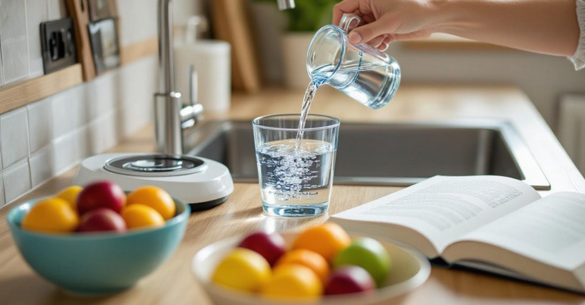 A person pouring fresh water into a glass in a bright kitchen, symbolizing hydration as a natural way to support mood and mental health