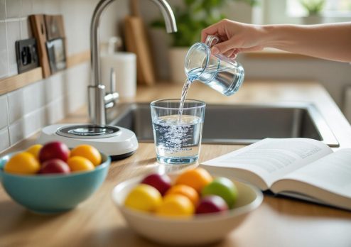 A person pouring fresh water into a glass in a bright kitchen, symbolizing hydration as a natural way to support mood and mental health