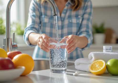 A woman fills a glass of fresh water from the kitchen tap, surrounded by fruits and wellness items, highlighting natural hydration as a remedy for relieving headaches without medication