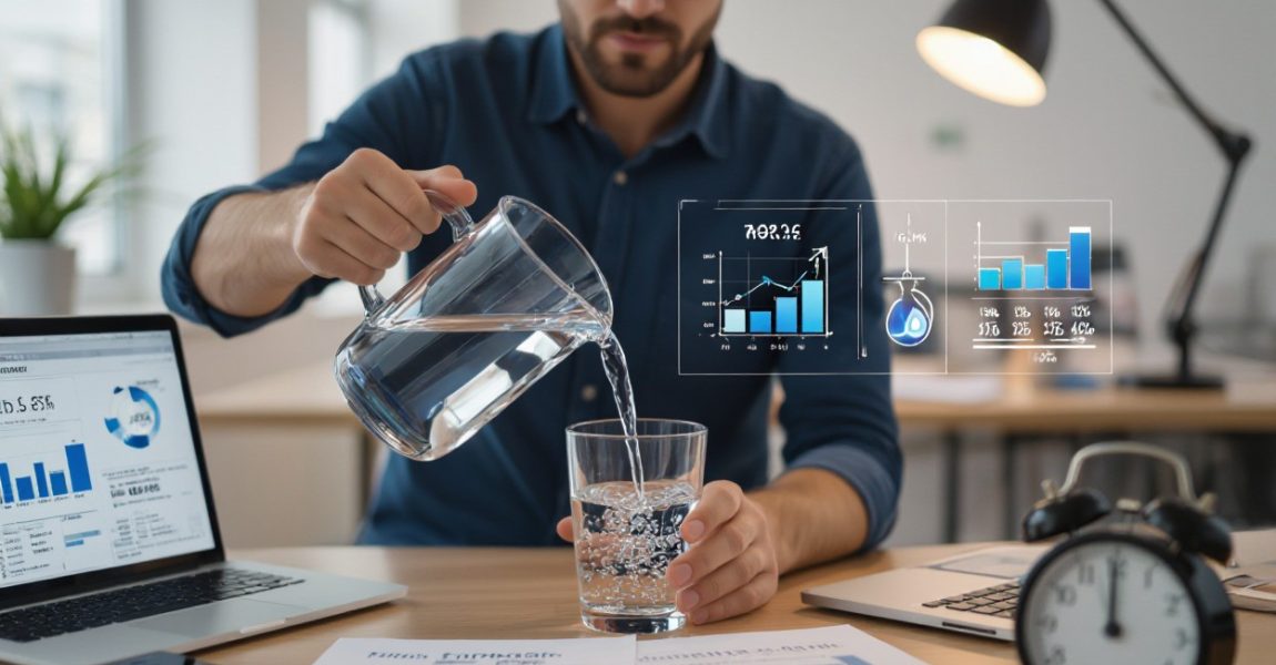 ChatGPT said: A man at his desk pours water from a jug into a glass, surrounded by laptops, charts, and an alarm clock, symbolizing how regular water intake can help manage stress levels, improve focus, and support overall productivity