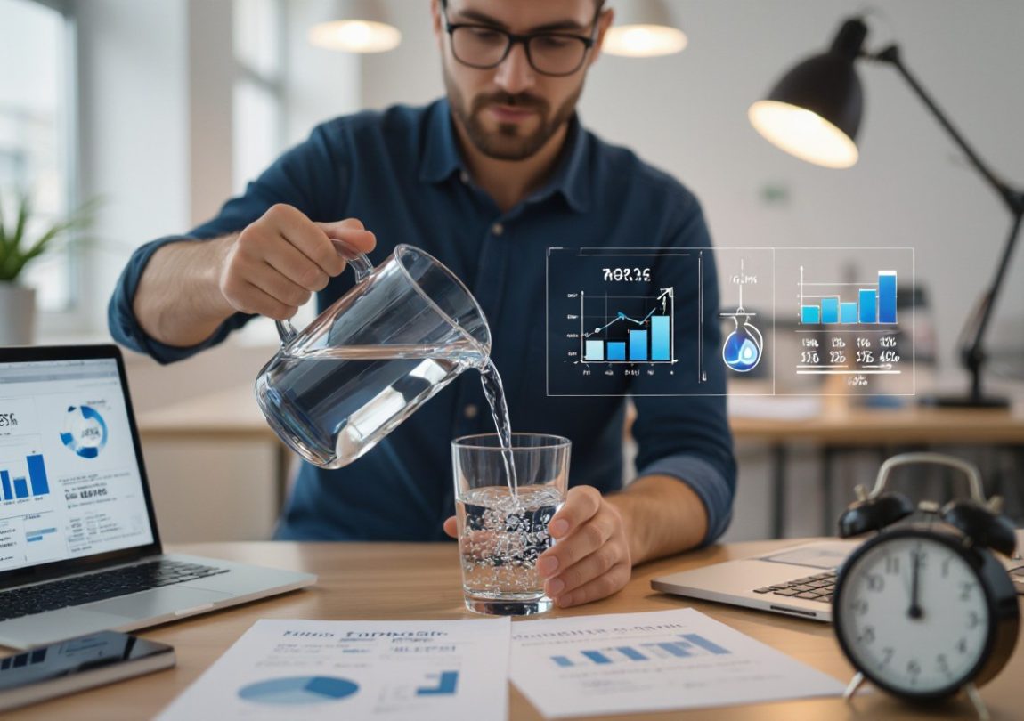 ChatGPT said: A man at his desk pours water from a jug into a glass, surrounded by laptops, charts, and an alarm clock, symbolizing how regular water intake can help manage stress levels, improve focus, and support overall productivity