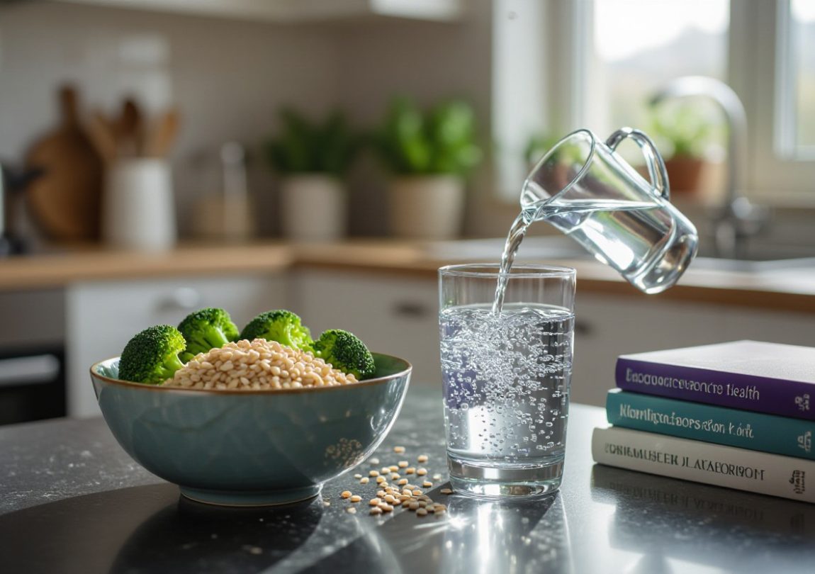 Water being poured into a glass beside healthy food, symbolizing hydration’s role in better digestion.