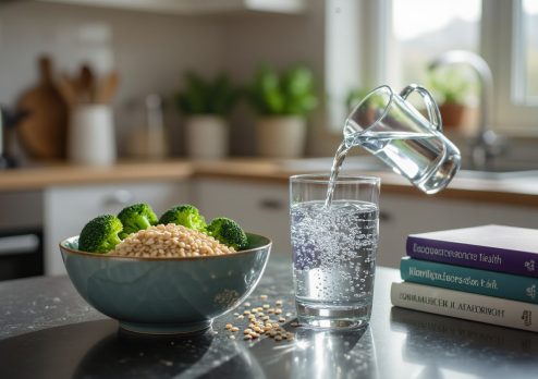 Water being poured into a glass beside healthy food, symbolizing hydration’s role in better digestion.