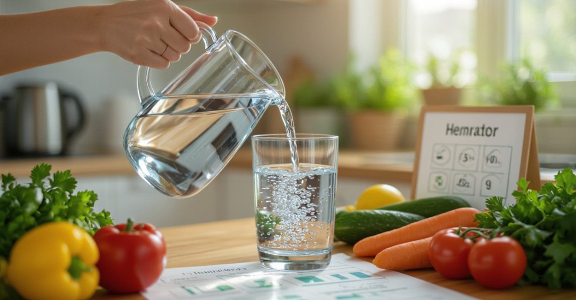 Pouring fresh water into a glass beside vegetables, highlighting hydration’s role in boosting energy and reducing fatigue