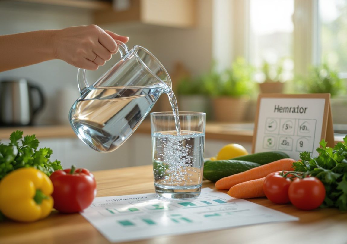 Pouring fresh water into a glass beside vegetables, highlighting hydration’s role in boosting energy and reducing fatigue