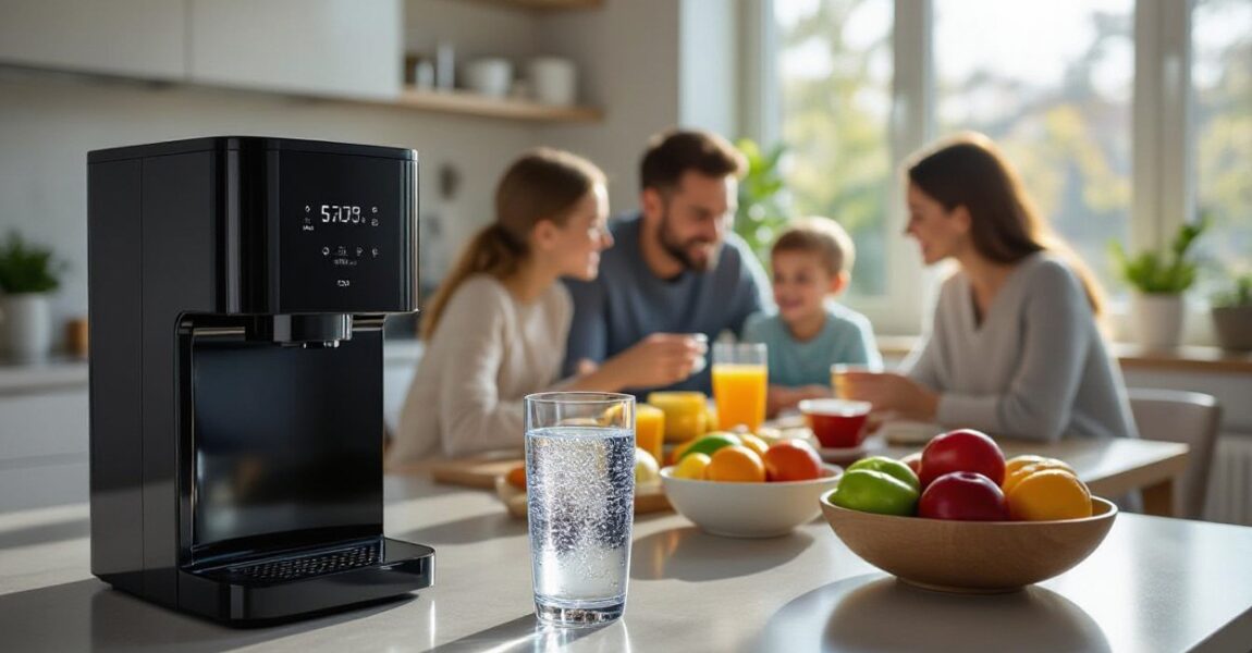 A modern reverse osmosis (RO) water dispenser sits on a kitchen counter beside a glass of clean water, while a smiling family enjoys breakfast together in the background, highlighting the health and purity benefits of RO water for the whole family.