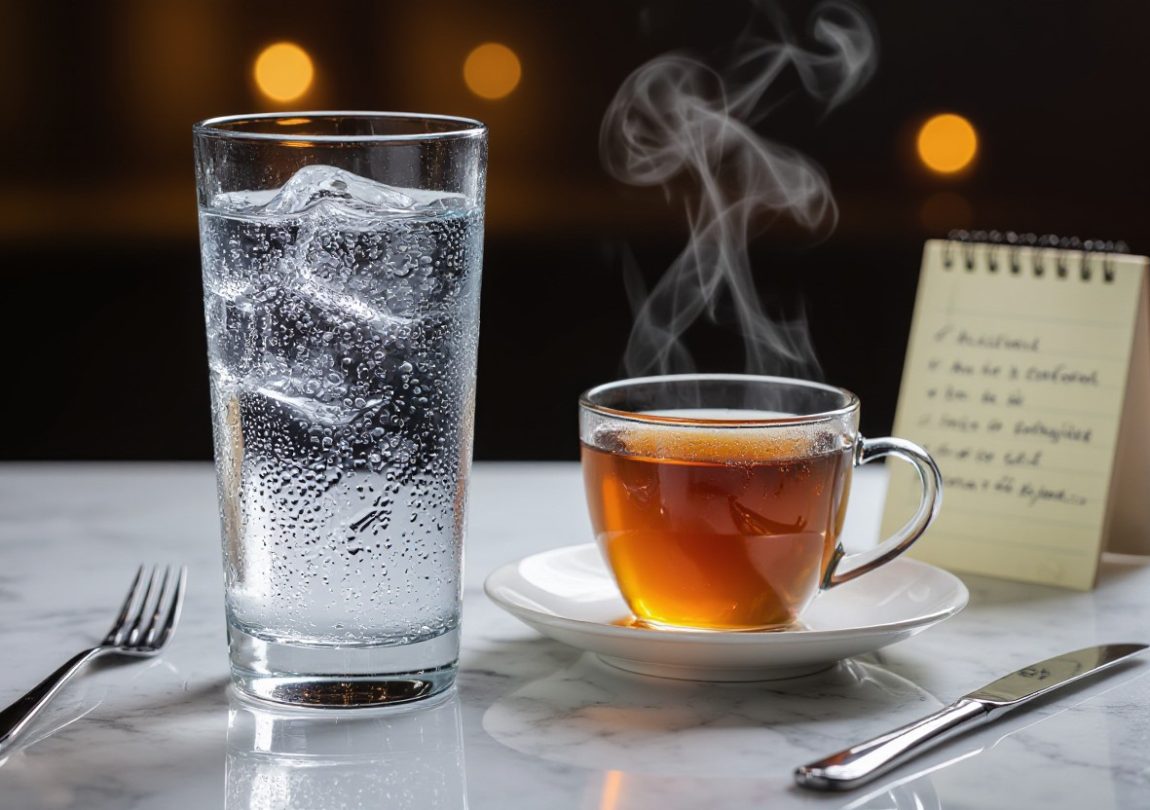 A tall glass of ice-cold water sits beside a steaming cup of hot tea on a marble table, symbolizing the contrasting effects of cold and hot water on hydration, digestion, and overall health